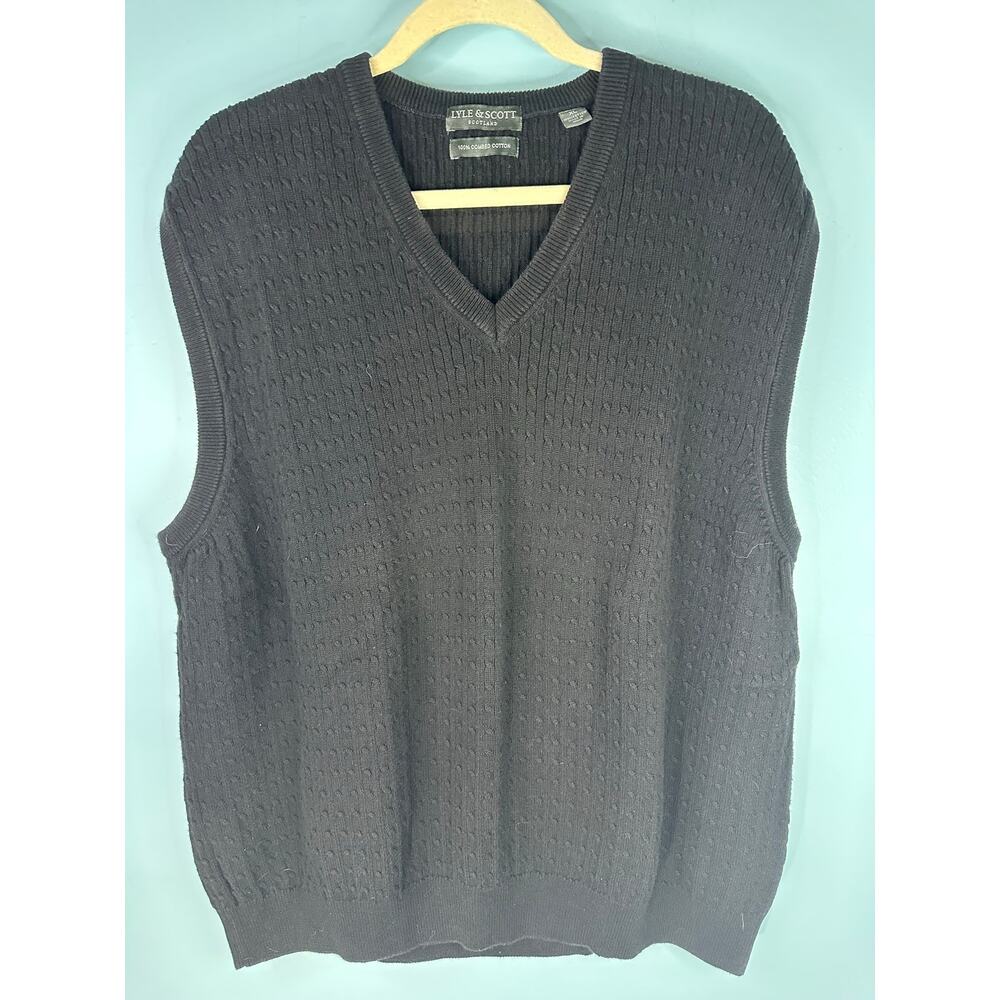 Lyle & Scott  Men's black cable knit V-neck sweater vest XL 100% combed cotton